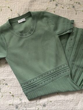 Sandro Paris Etor Eyelet Knit Midi Dress Sage Green Pleated Fit & Flare